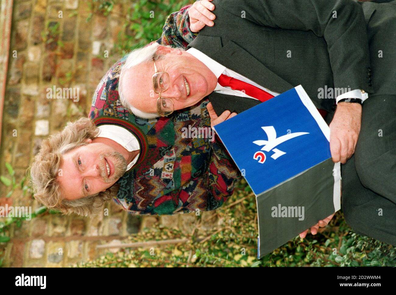 Virgin boss Richard Branson (left) and Lord Young, when they announced that they were to launch a bid for the licence to operate the UK National Lottery. Branson tonight (Monday) stood by allegations that he was offered a bribe to drop his bid to run the National Lottery despite facing legal action over the claim by lottery watchdog boss Peter Davis. Stock Photo