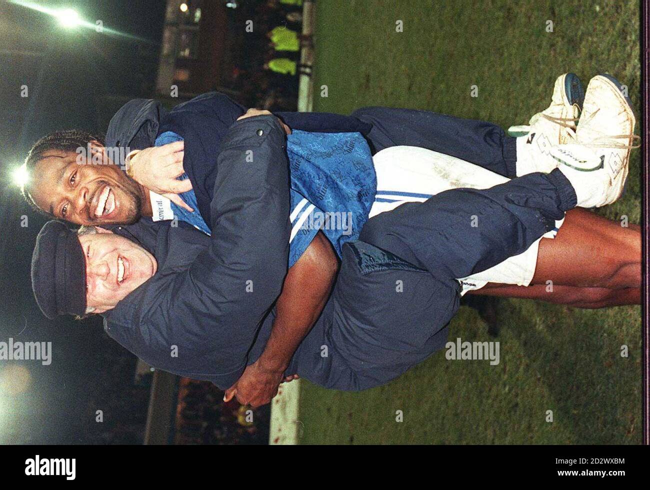 Birmingham City manager Barry Fry celebrates with striker and Kevin Francis after their two goal win against Middlesbrough at St. Andrews. Stock Photo