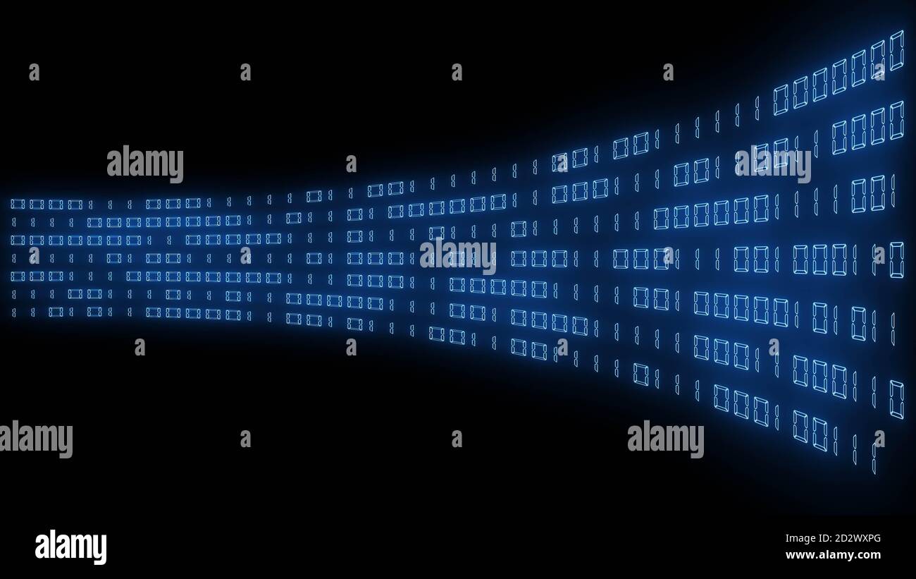 Bright blue abstract binary code on black background with various light ...