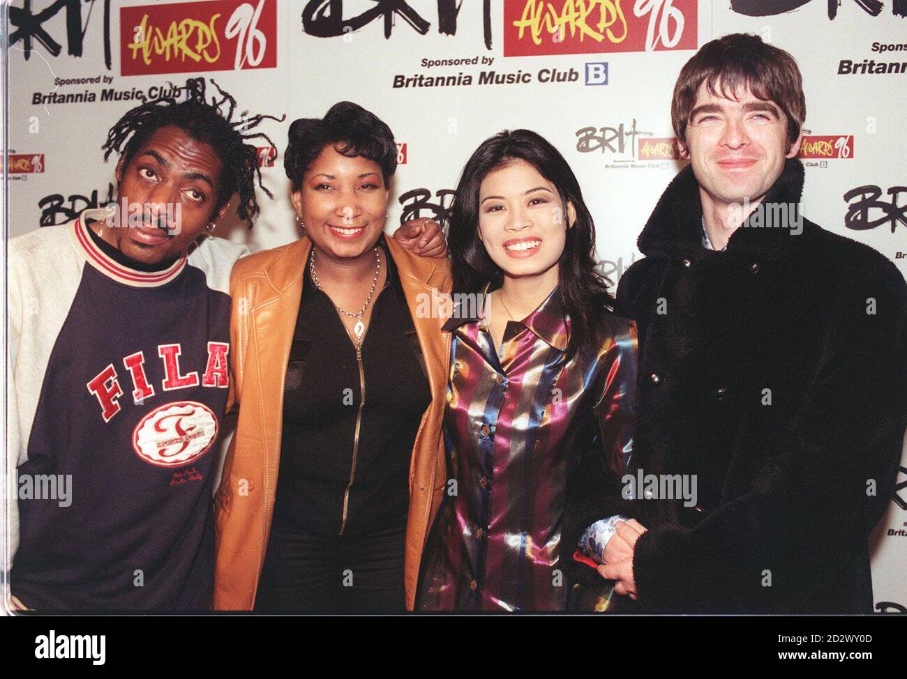 Pop stars (l/r) Coolio, Shara Nelson, Vanessa Mae and Noel Gallagher of Oasis, in London today (Monday), for the  Brit Awards Nominations. The awards ceremony will be staged at Earls Court on Monday, Feb 19, 1996. Photo by Fiona Hanson. Stock Photo