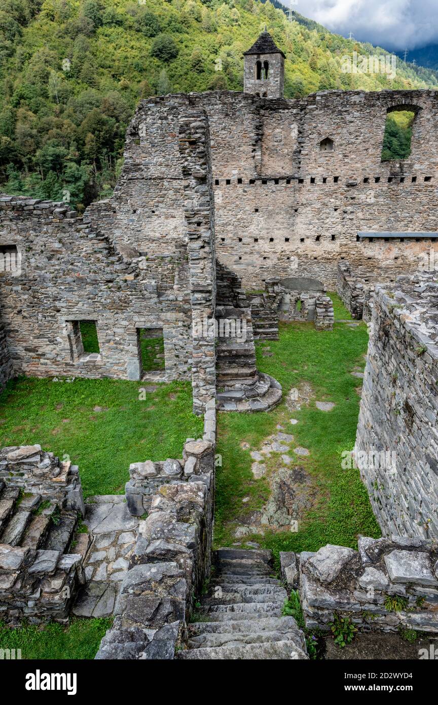 The foundations of the Mesocco Castle (Castello di Mesocco)  were first laid in the 12th century. It is one of the largest castles in the Swiss canton Stock Photo