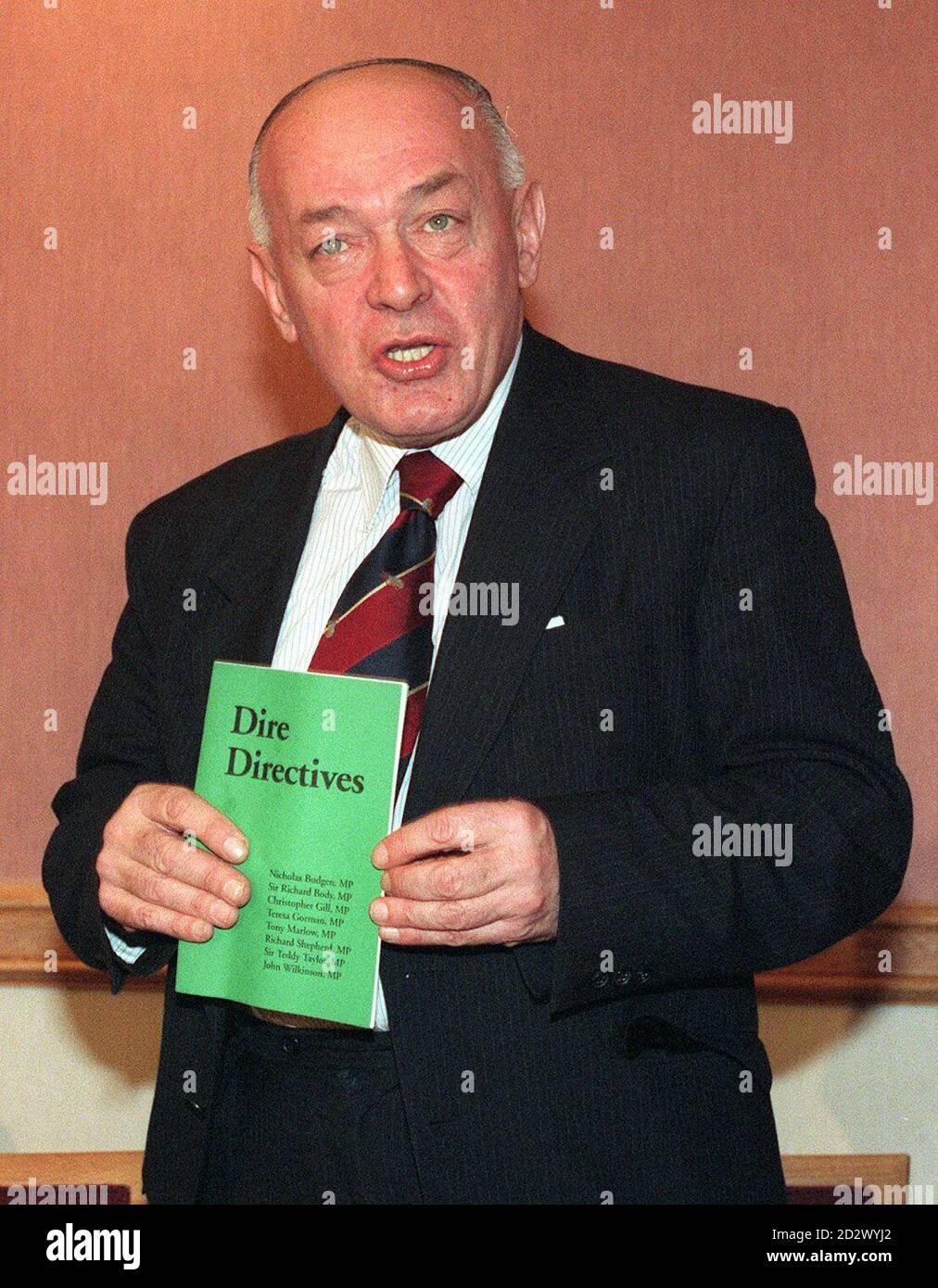 Warming to his theme of European intrusion into British affairs, Tory MP Sir Teddy Taylor speaks at the launch of the pamphlet 'Dire Directives'  detailing the legion of regulations and requirements laid down by the EU which he and his fellow anti-Europeans deem to lack meaning and sense. Stock Photo