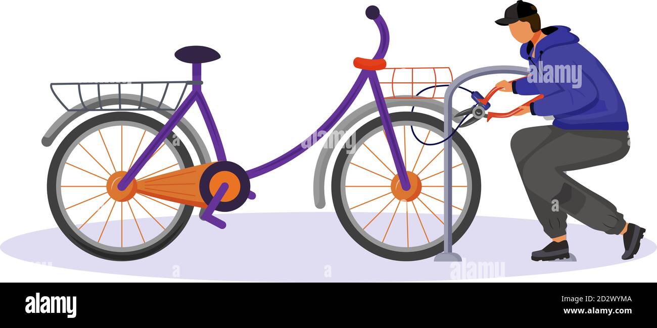 Guy stealing bicycle attached to bike rack flat color vector faceless