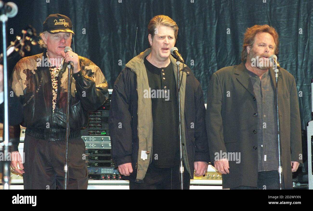 The Beach Boys', (from left) Michael Love, Brian Wilson and  Carl Wilson, join Status Quo on stage at the Brixton Academy today (Sunday)  to launch the Status Quo 30th anniversary album 'Don't Stop', which includes a version of the Beach Boys' classic 'Fun Fun Fun'. Stock Photo