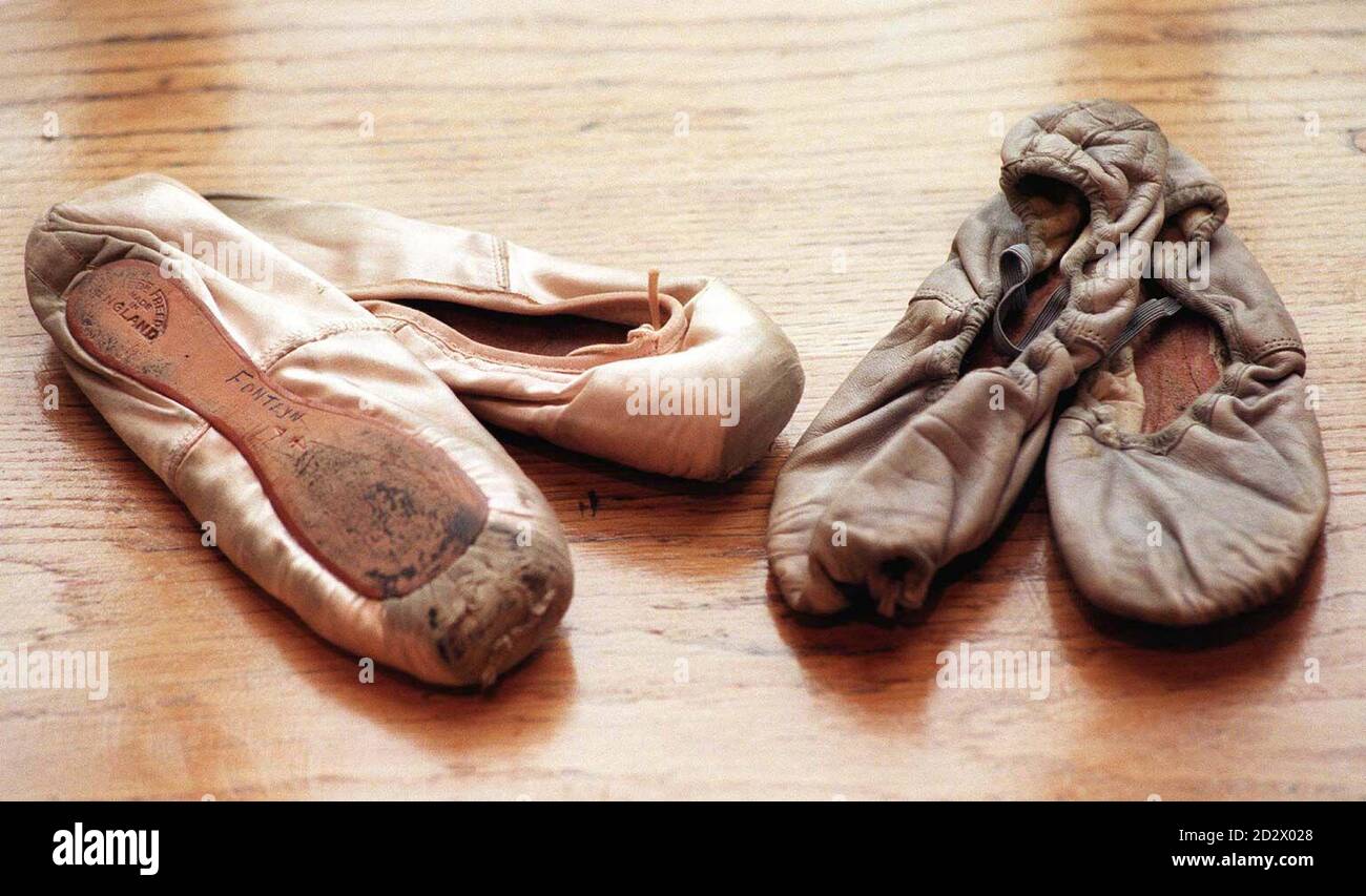Two pairs of well worn ballet shoes, belonging to two of the world's greatest dancers, which were sold for   1,250 when they went under the hammer at Phillips auction house today (Tuesday). Margot Fonteyn's pink satin shoes and the grey leather pair worn by Rudolf Nureyev were expected to fetch   400-500.  Stock Photo