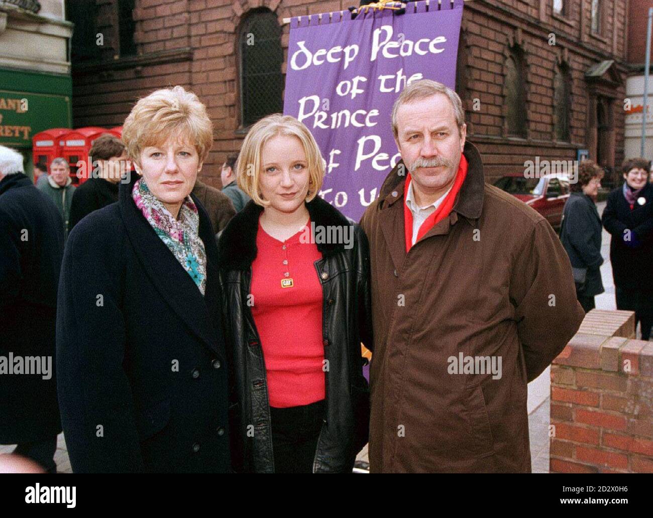 Wendy and Colin Parry with their daughter, Abigail, at a peace vigil in Warrington, Cheshire, this afternoon (Sunday). Their son, Tim, was killed in the IRA bomb centre in 1993. Photo by Brian Williamson/PA. Stock Photo