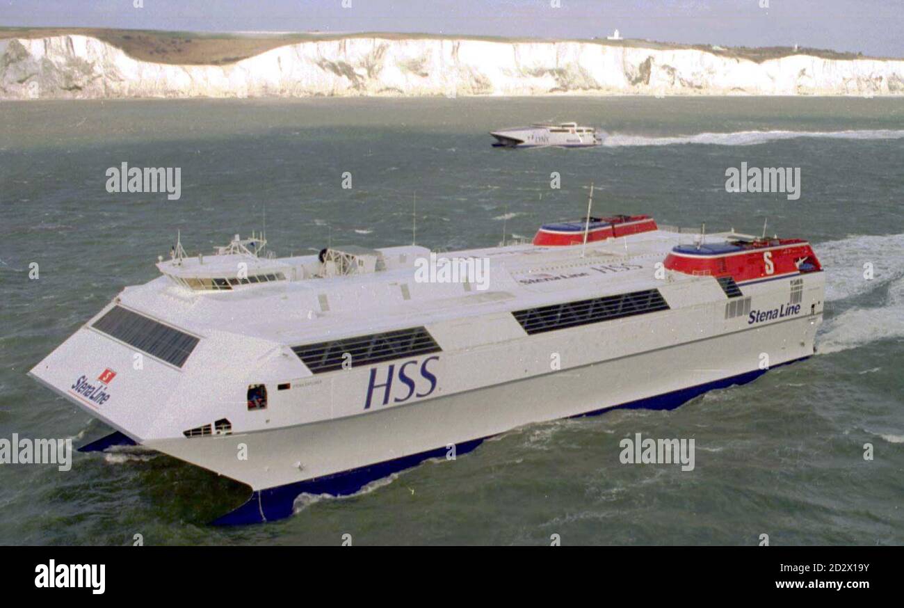 Latest addition to Stena Line Fleet, the worlds first super ferry,the Stena-HSS, approaching the White Cliffs of Dover for the first time. Stock Photo