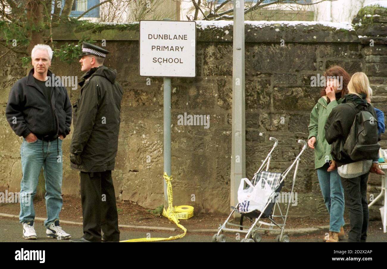 Scene outside the entrance to Dunblane Primary School, where a shooting