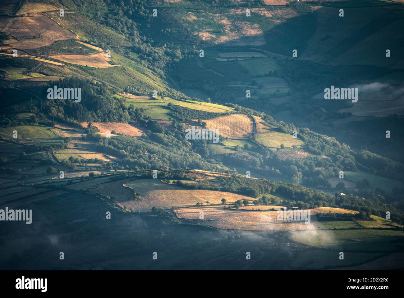 Farmland and pasture meadows alternate with wooded strips in Triacastela Galicia Stock Photo