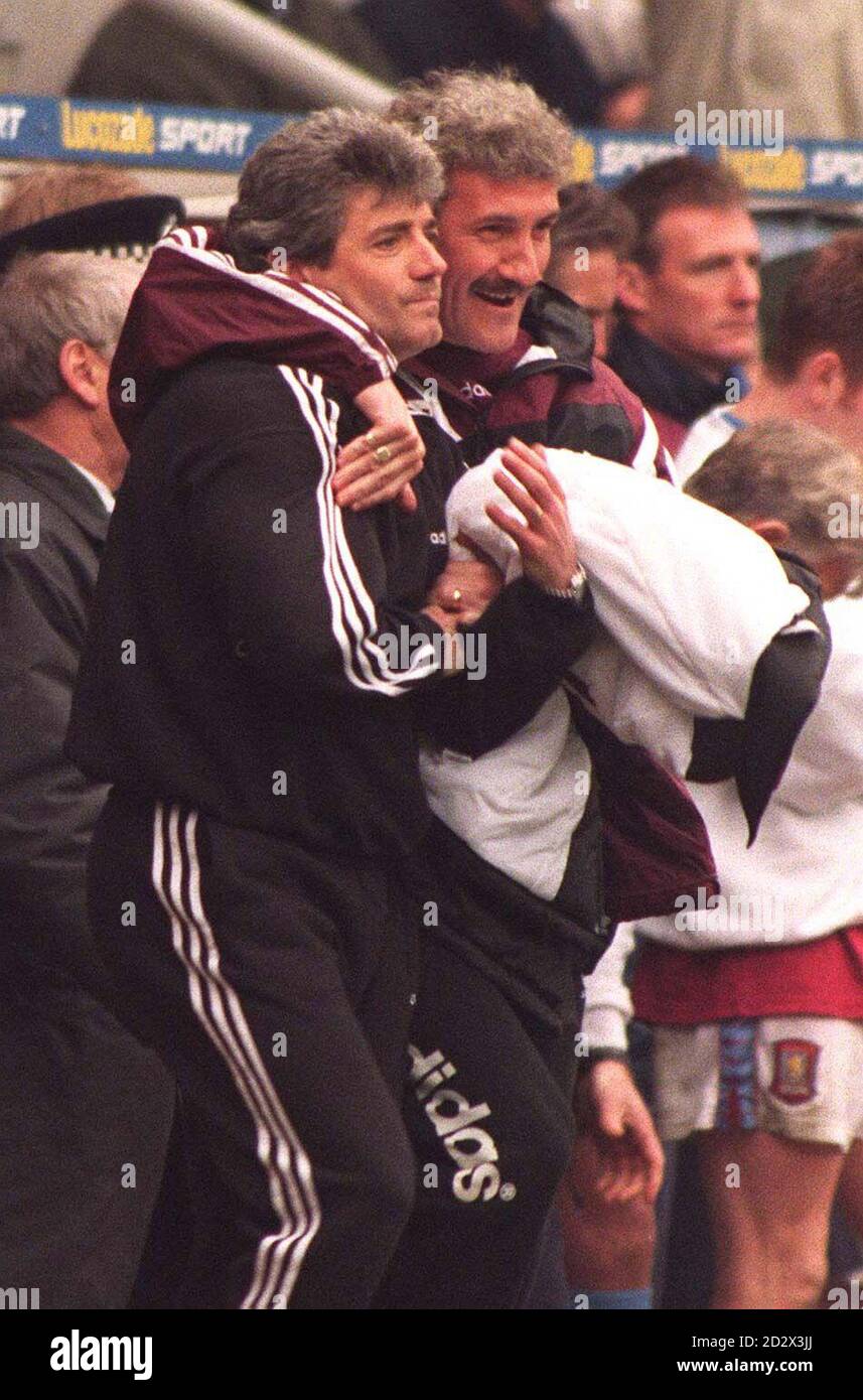 Relief For Newcastle Manager Kevin Keegan And No 2 Terry Mcdermott As They Hug Each Other After Victory Over Aston Villa Today Kept Them In The Premiership Title Race Stock Photo Alamy
