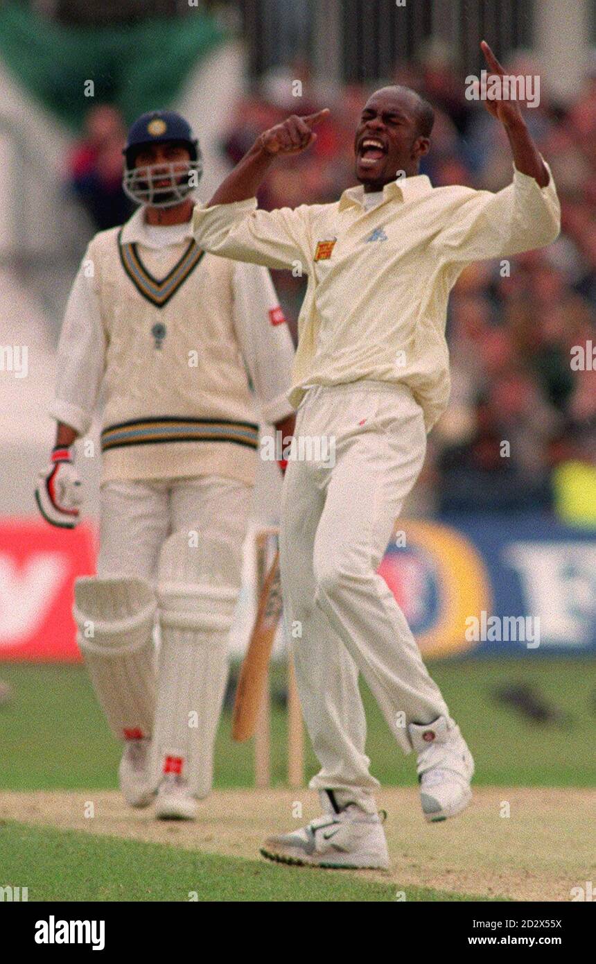 Chris Lewis celebrates the wicket of Vikram Rathore lbw for 23 in a one ...