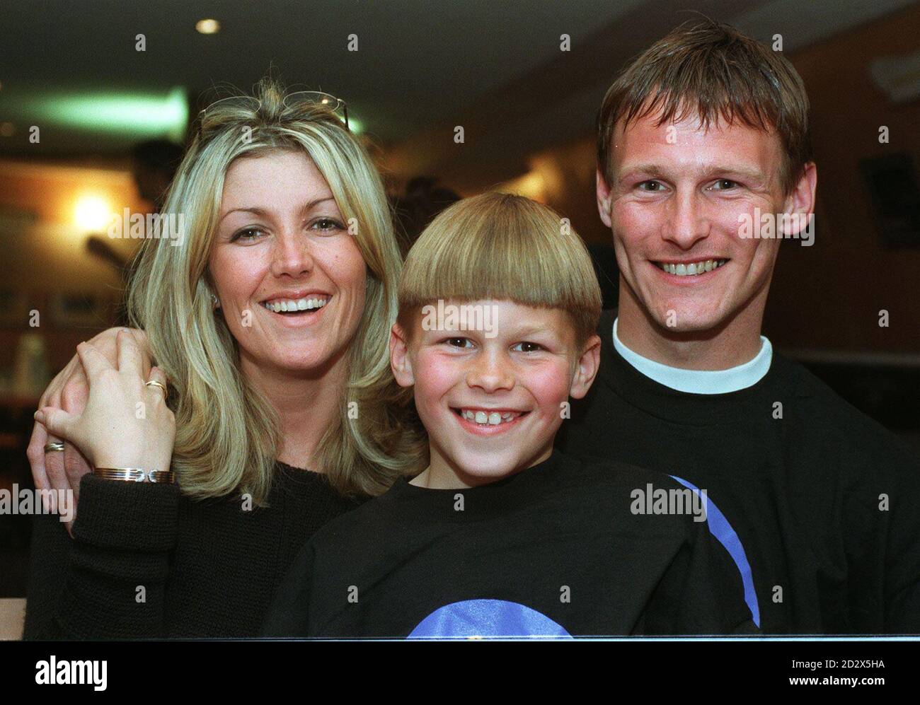England's Teddy Sheringham, with fiancee Nicola and son Charlie, at London's Football Football restaurant for the launch of the Euro 96 Wireplay Challenge, a new football computer release from BT, which is set to stage a virtual match over the network that could predict the outcome of the real tournament.  Stock Photo