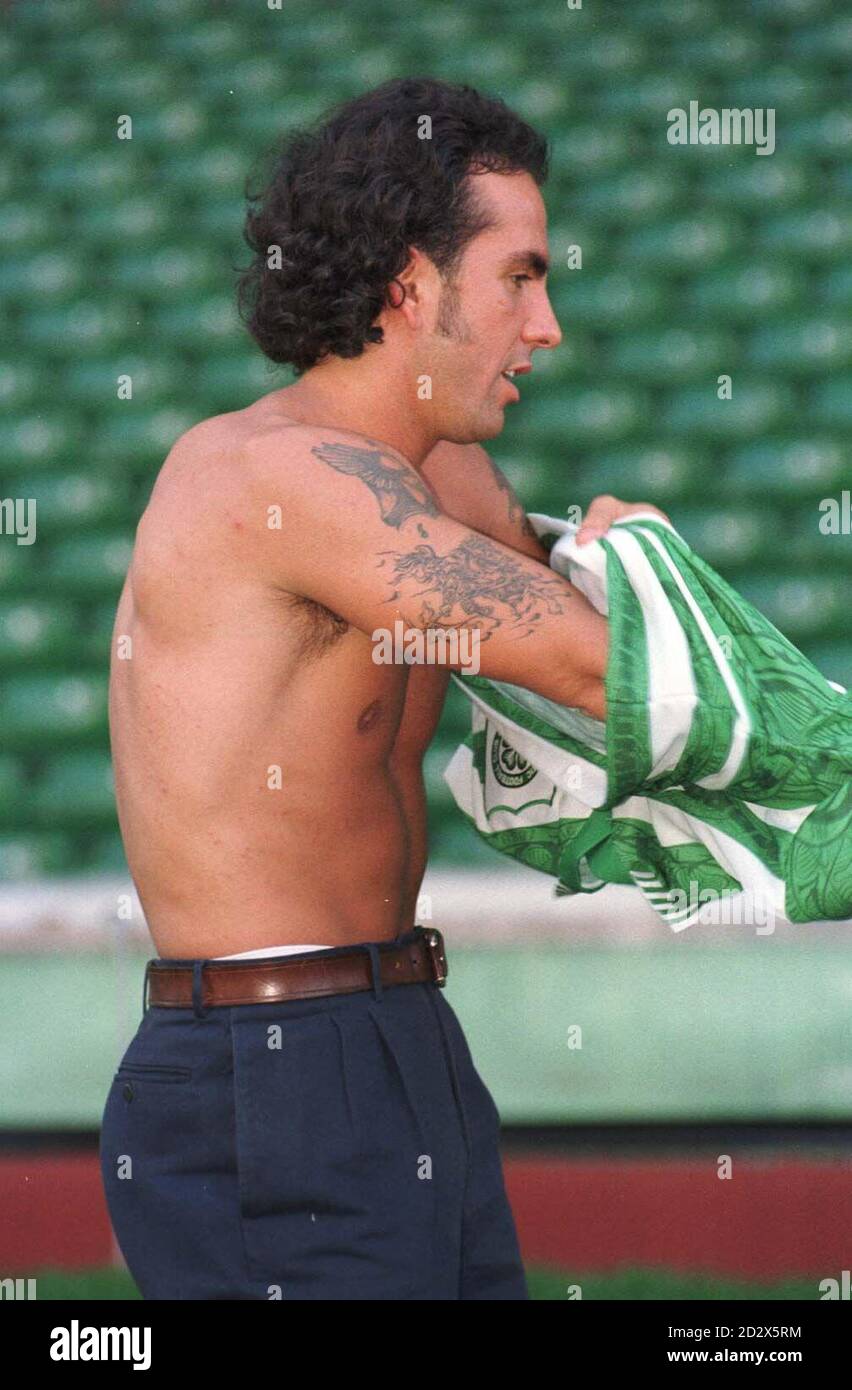 TATTOO MAN: Paolo Di Canio who signed up for Celtic from AC Milan today (Friday) for 3 million . Photo by Chris Bacon/PA Stock Photo