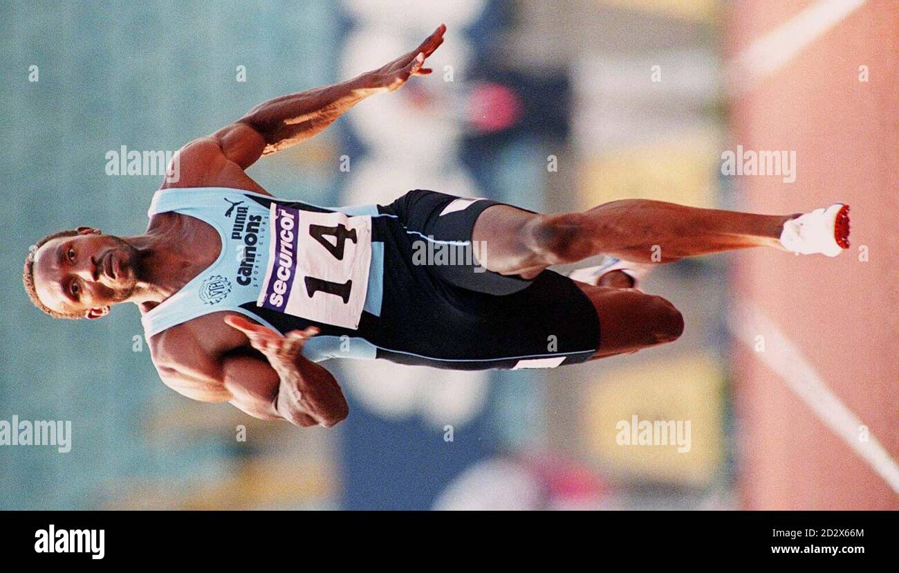 Linford Christie coasts to victory in  the heats of the 100 mtrs in the AAA Olympic trials at the Alexander Stadium in Birmingham.   * 4/8/99:  It has been confirmed that Christie failed a drugs test at an indoor meeting in Dortmund 13/2/99. Stock Photo