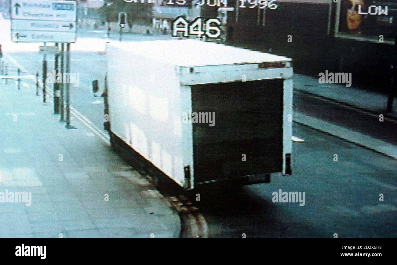 A police issued image taken from a traffic control camera of the actual van containing the bomb parked on Corporation Street in Manchester's city centre on Saturday morning. Police today (Wednesday) issued descriptions of men they wanted to question over the bombing which left 206 people injured and caused widespread devastation in the city. See PA Story POLICE Blast. Stock Photo