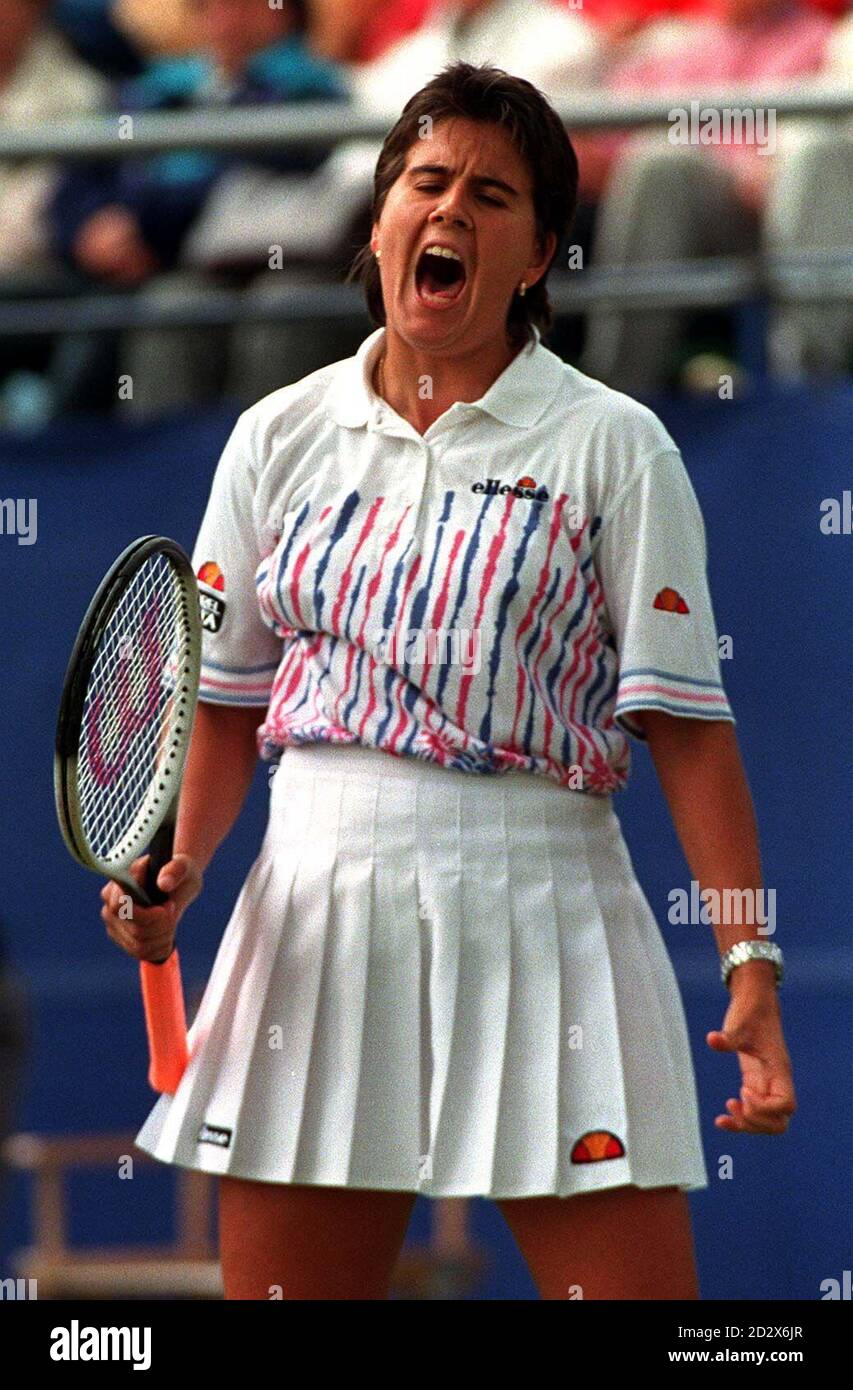 Conchita Martinez shouts in anger during her match against Mary Joe  Fernandez this afternoon at the International Ladies tennis Championships  at Eastbourne this afternoon (FRIDAY). Martines lost 6-2 4-6 4-6. Photo by