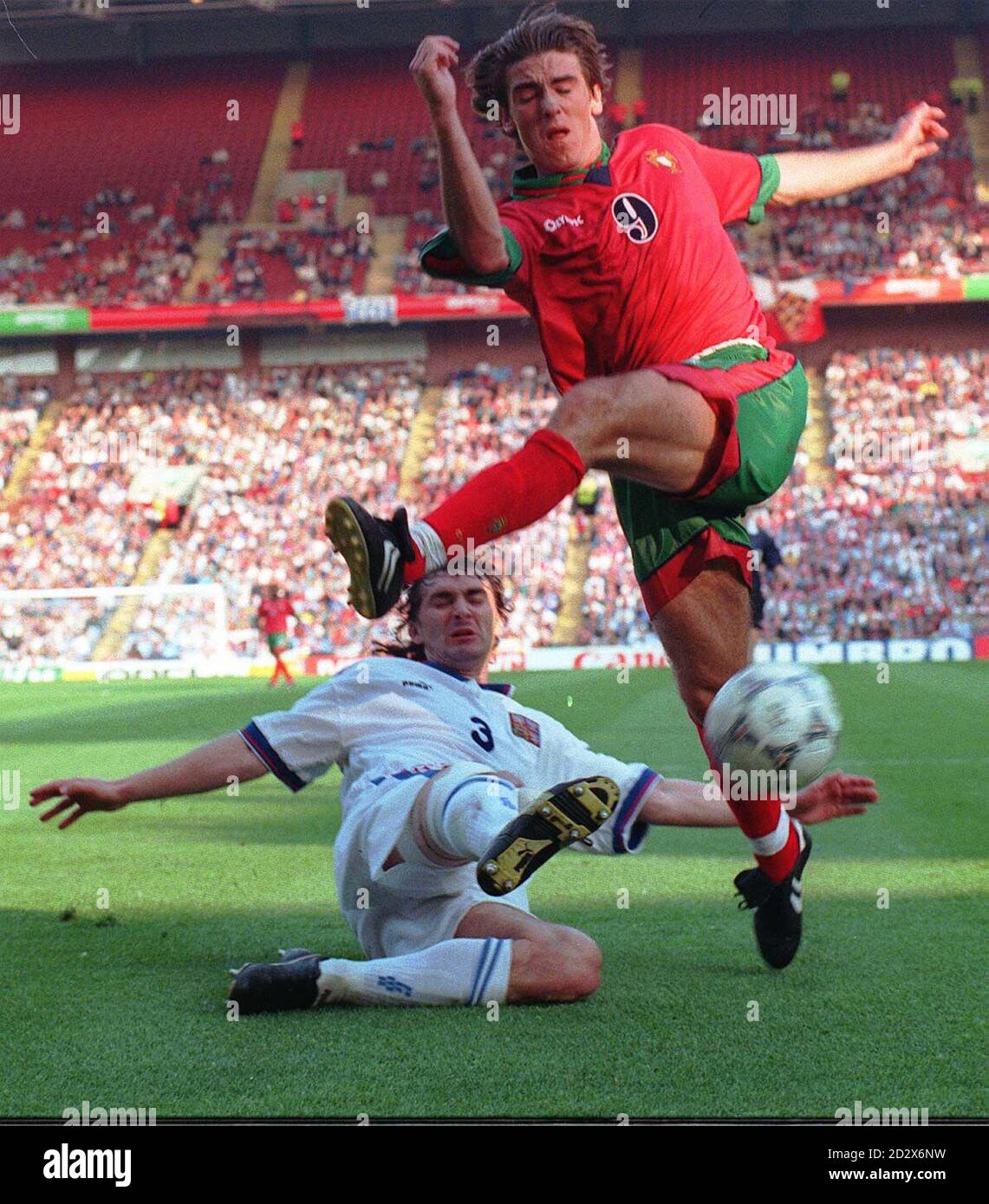Czech Republic's Jan Suchoparek intercepts as Portugal's Ricardo Sa Pinto tries to cross into the goal area during tonight's Euro 96 Quarter final at Villa Park. Picture DAVID JONES/PA Stock Photo