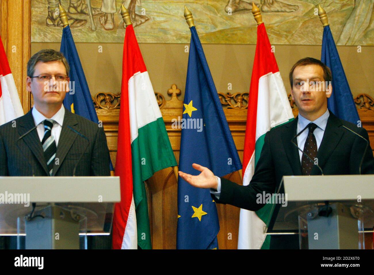 Hungary S Prime Minister Gordon Bajnai R Points At Laszlo Andor His Nominee For Eu Commissioner In Budapest November 5 2009 Andor 43 Is An Economist Who Has Been On The Board Of