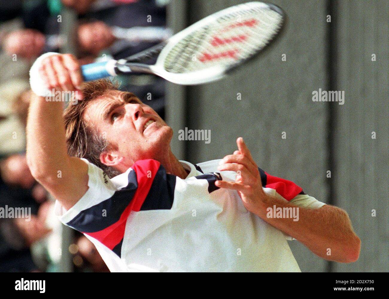 Biog serving American Todd Martin on Centre Court this afternoon (Thursday) where he is playing Britain's Tim Henamn in the men's quarter finals. Photo by Fiona Hanson/PA. Stock Photo