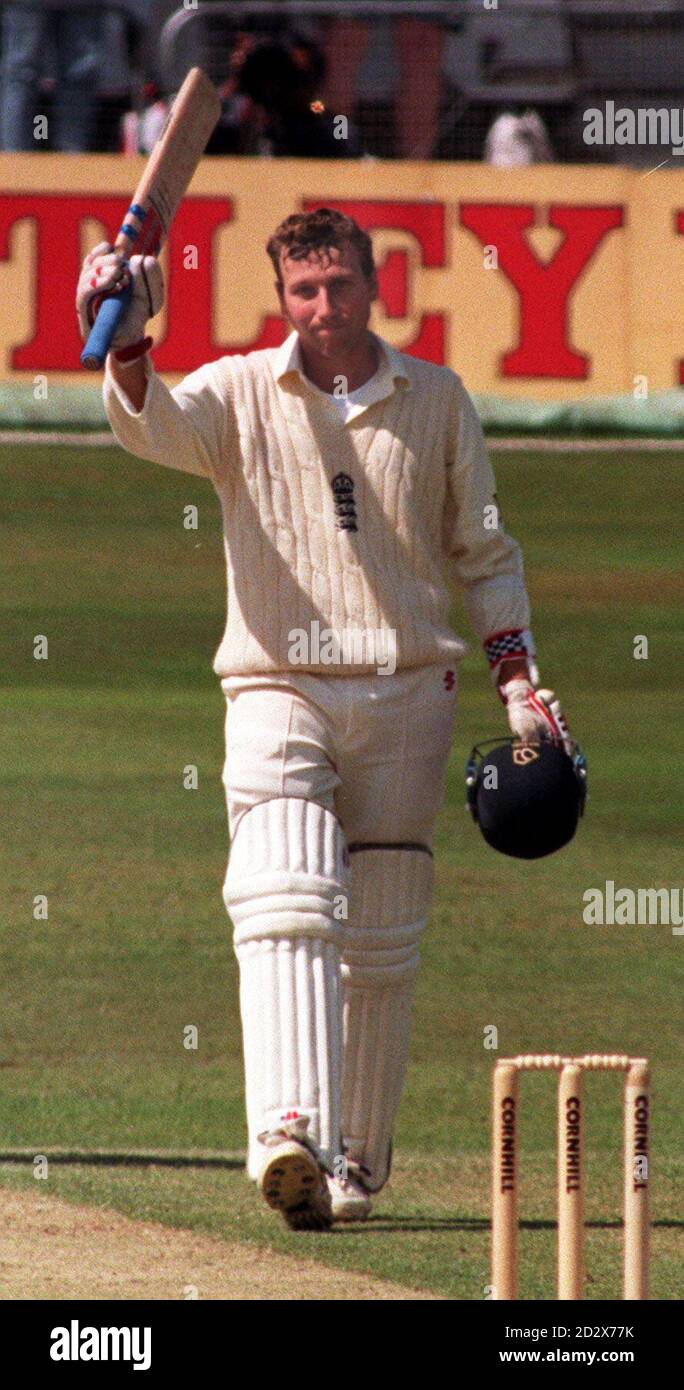 England captain Michael Atherton raises his bat to the crowd after scoring a century against India during the third day of the 3rd Test at Trent Bridge today (Saturday). Photo By Barry Batchelor/PA Stock Photo