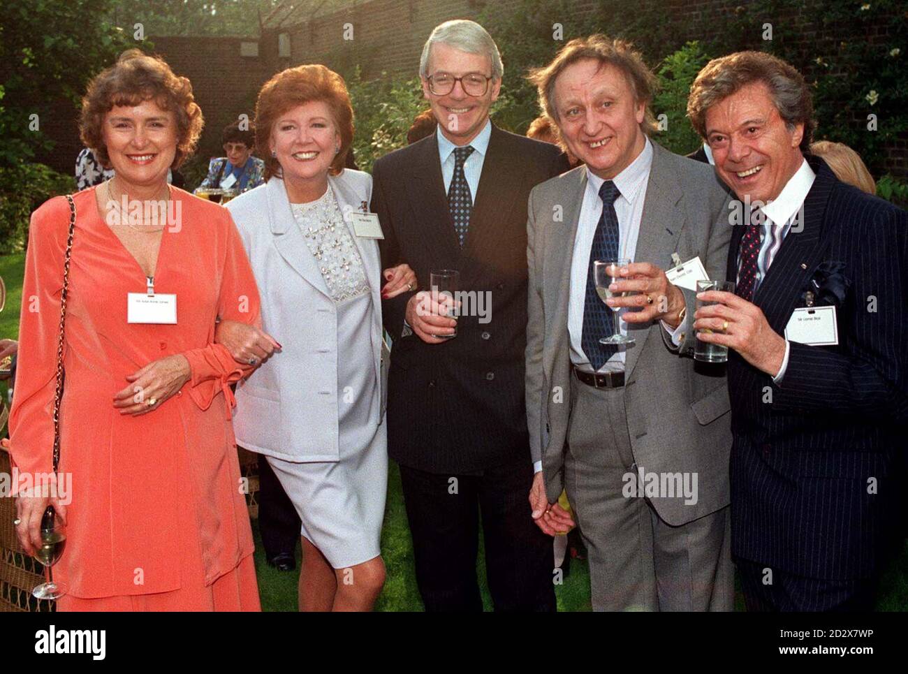 Prime Minister John Major with showbiz personalities at a Downing Street party hosted by him today (Monday). From left: Anna Jones, Blind Date presenter Cilla Black, John Major, comedian Ken Dodd and dancer Lionel Blair. Photo by Michael Stephens/PA Stock Photo