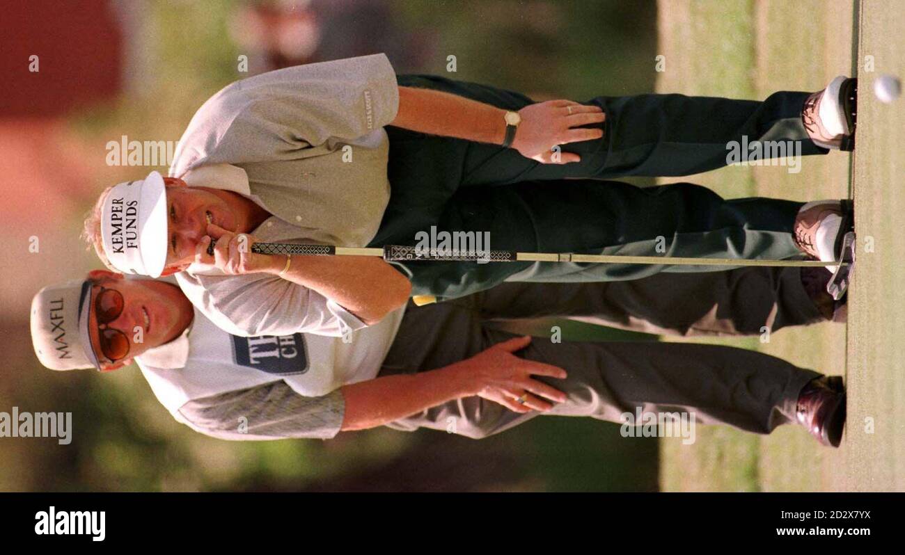 Sandy Lyle of Scotland and his unidentified caddy ponder a difficult putt during his third and penultimate round in the 1996 British Open Golf Championship at Royal Lytham & St Annes club today (Saturday). By Adam Butler/PA. Stock Photo