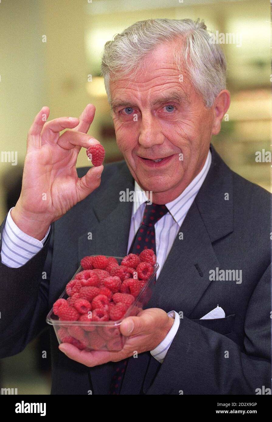 Fruit breeder Derek Jennings, with the new giant raspberry, which he has named after his grandaughter, Terri-Louise. The raspberry, which was launched by food giant Marks & Spencer today (Friday), was described as 'succulent, highly flavoured and on average double the size of any of its rivals'. Photo by Michael Crabtree/PA Stock Photo