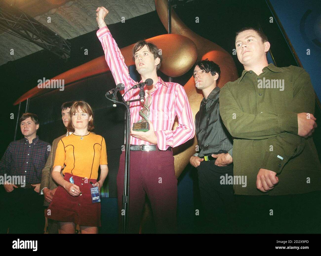 Pulp, led by Jarvis Cocker (centre) at tonight's (Tuesday) fifth Mercury Music Awards ceremony, where their album 'Different Class' was judged to be among the ten best of the year. Watch for PA story. Photo by Stefan Rousseau/PA Stock Photo