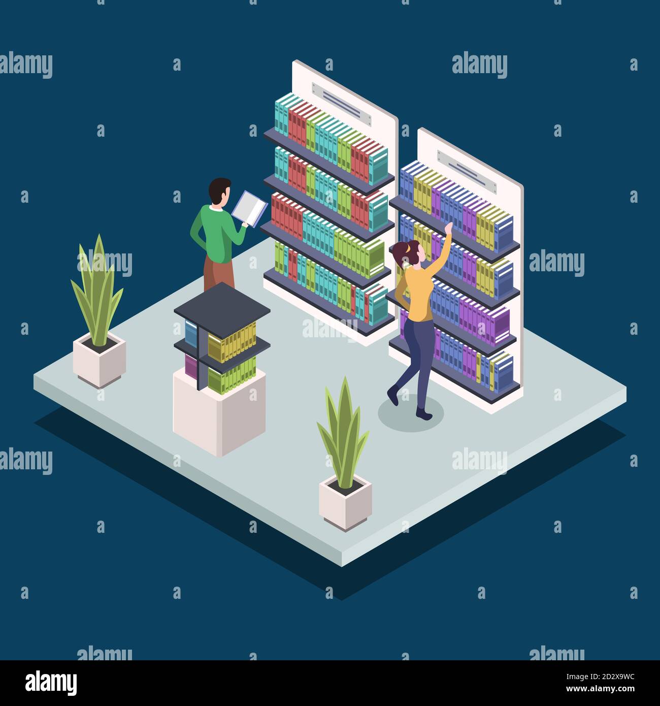 People at modern book library isometric color vector illustration ...