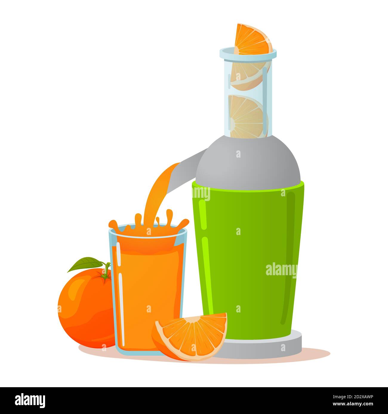 Electric juicer. Orange fresh juice. A concept for tropical fruit citrus healthy lifestyle. Stock Vector