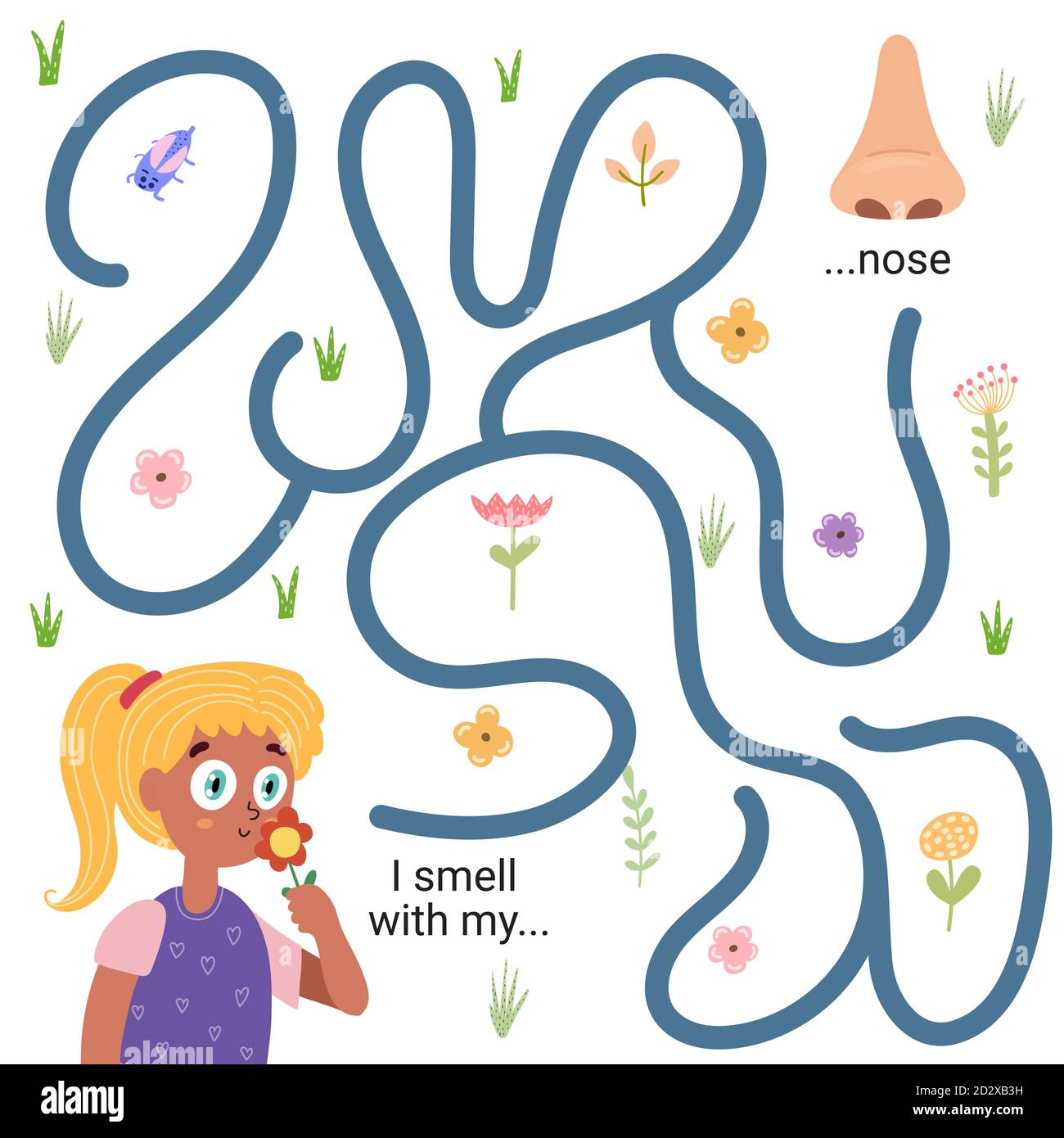 I smell with my nose funny maze game for kids. Learning five senses