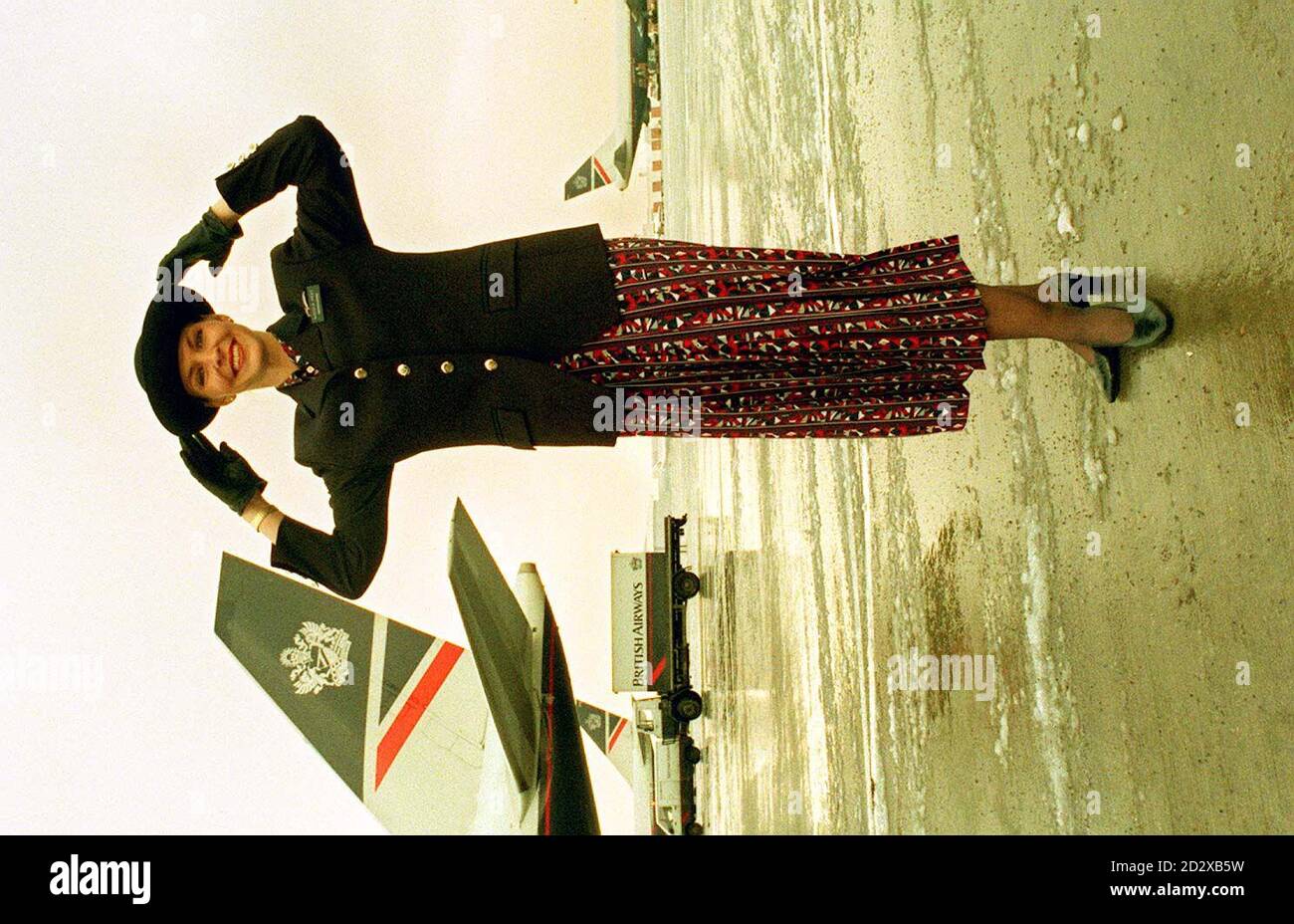 Library filer 257730-2, dated 7.01.96, of svelte-looking British Airways stewardess. It was announced today (Friday) that BA only want slim-bodied staff to operate on their wide-bodied jets. But the airline's guidelines on height-weight ratios were attacked as unfair on overweight job applicants by health experts and unions. See PA Story AIR Slim/PA. Stock Photo