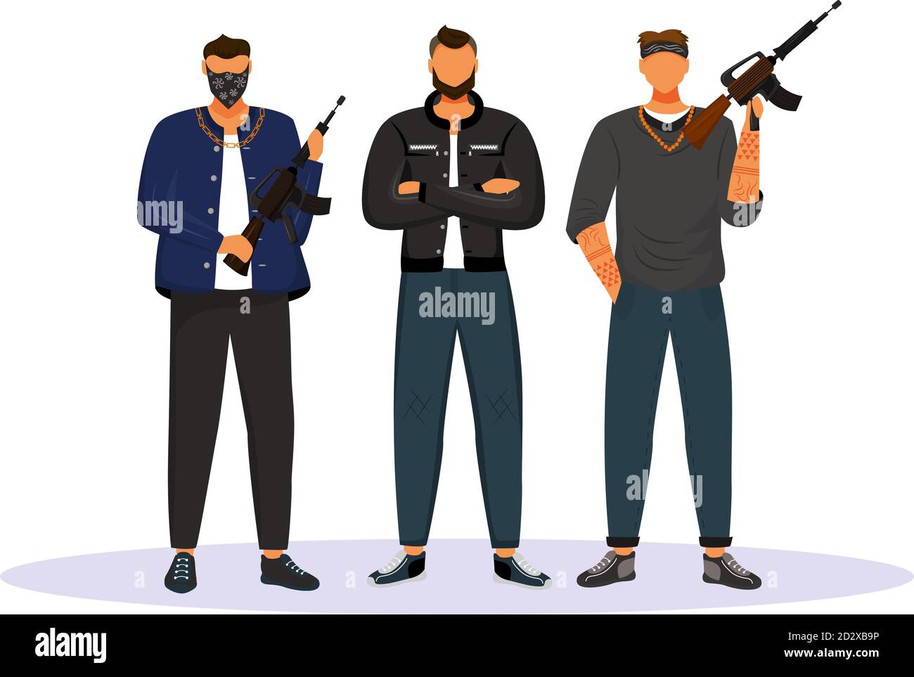 Criminal gang flat color vector faceless character. Group of gangsters, armed terrorists. Mob, syndicate. Mafia. Organized crime isolated cartoon Stock Vector