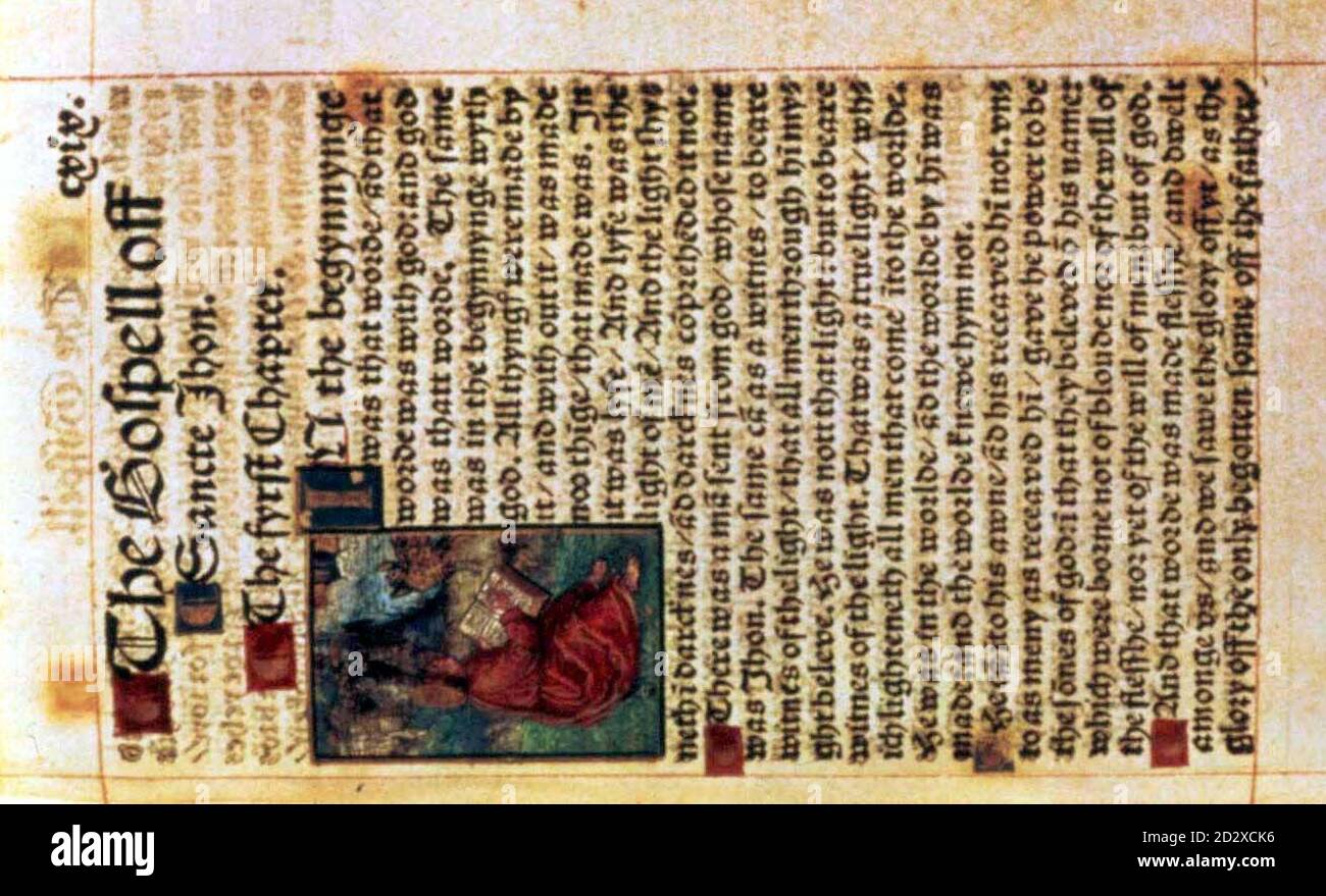 A detail of a page showing the precise script and illustrations in the only  complete extant copy of the 1526 edition of William Tyndale's translation  of the New Testament, the first ever