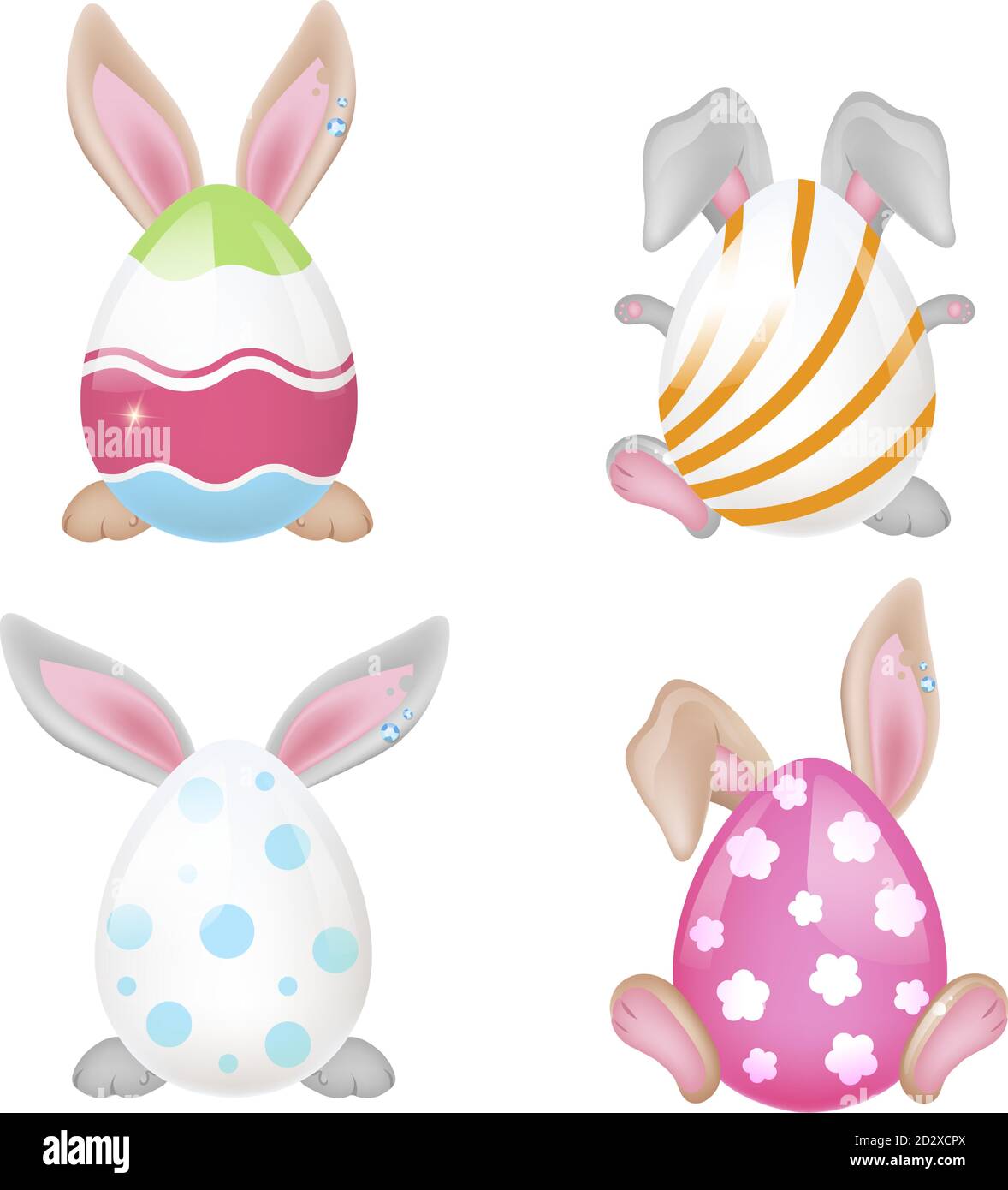 Cute bunnies behind Easter eggs cartoon characters set. Holiday