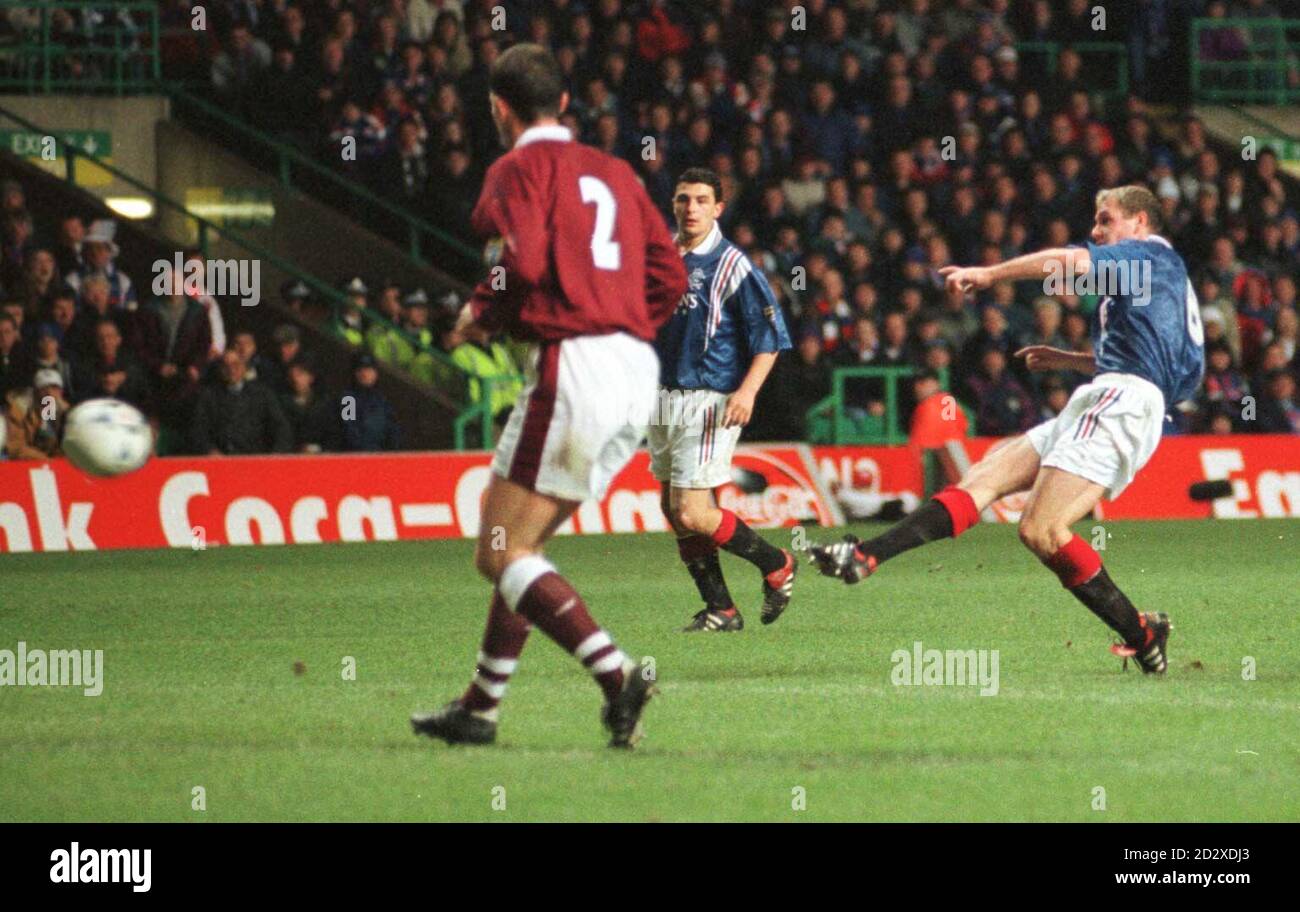 Ranger's Paul Gascoigne strikes the ball for his first goal during the