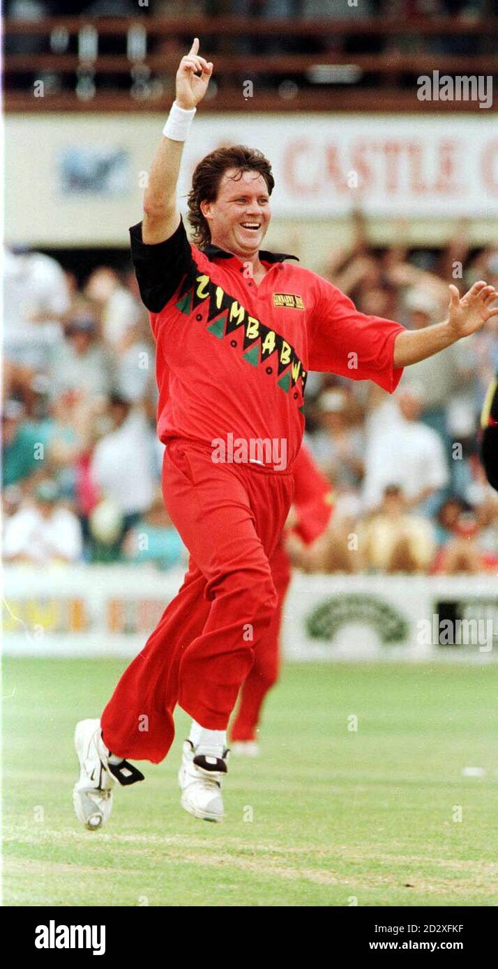 Eddo Brandes celebrates taking Nasser Hussain's wicket just one of a hat trick he took in today's (Friday) last One Day International at Harare Sports Club. Photo by David Giles Stock Photo