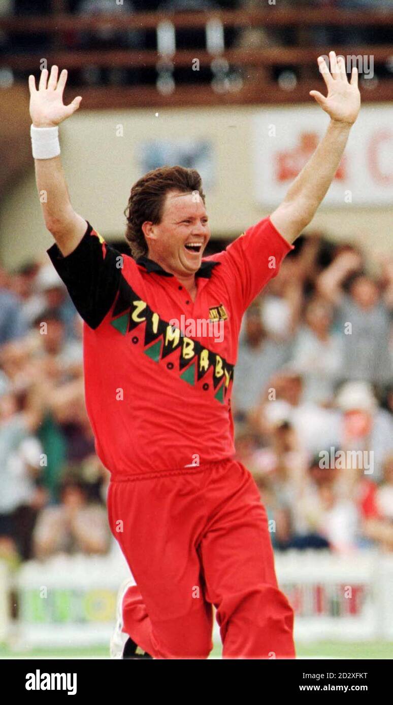 Eddo Brandes celebrates taking Nasser Hussain's wicket just one of a hat trick he took in today's (Friday) last One Day International at Harare sports Club. Photo by David Giles Stock Photo