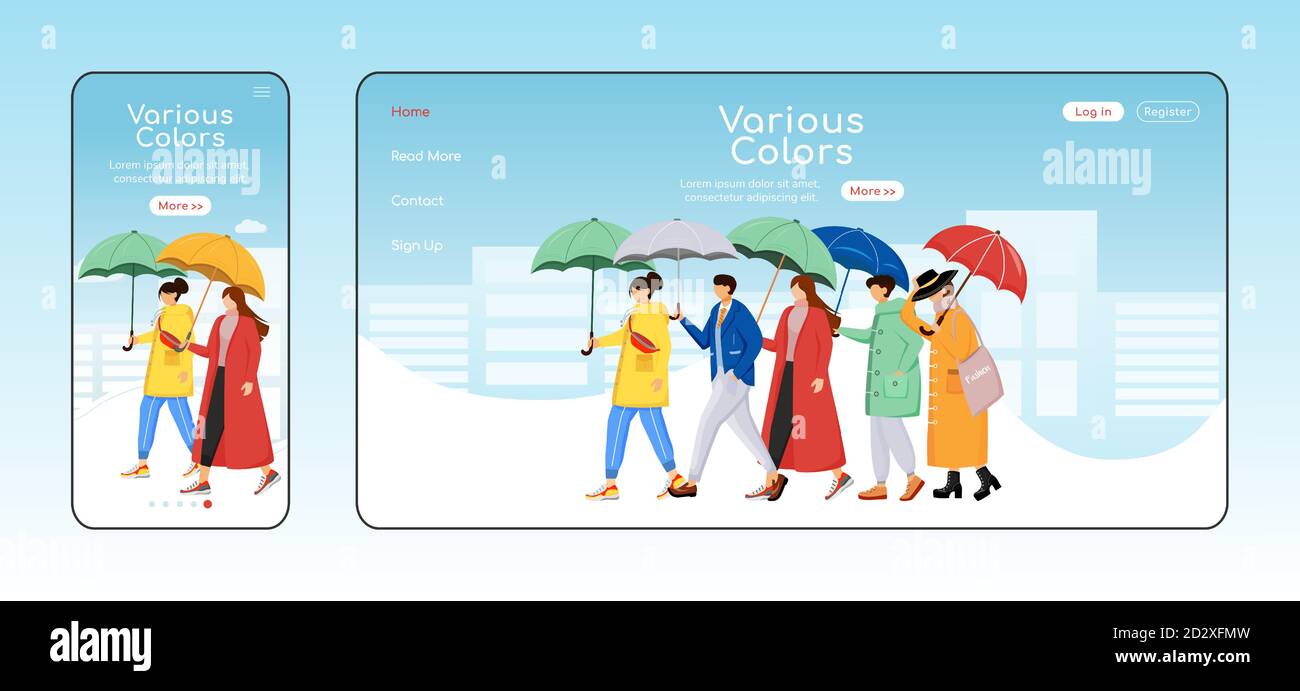 Various color umbrellas landing page flat color vector template. Mobile