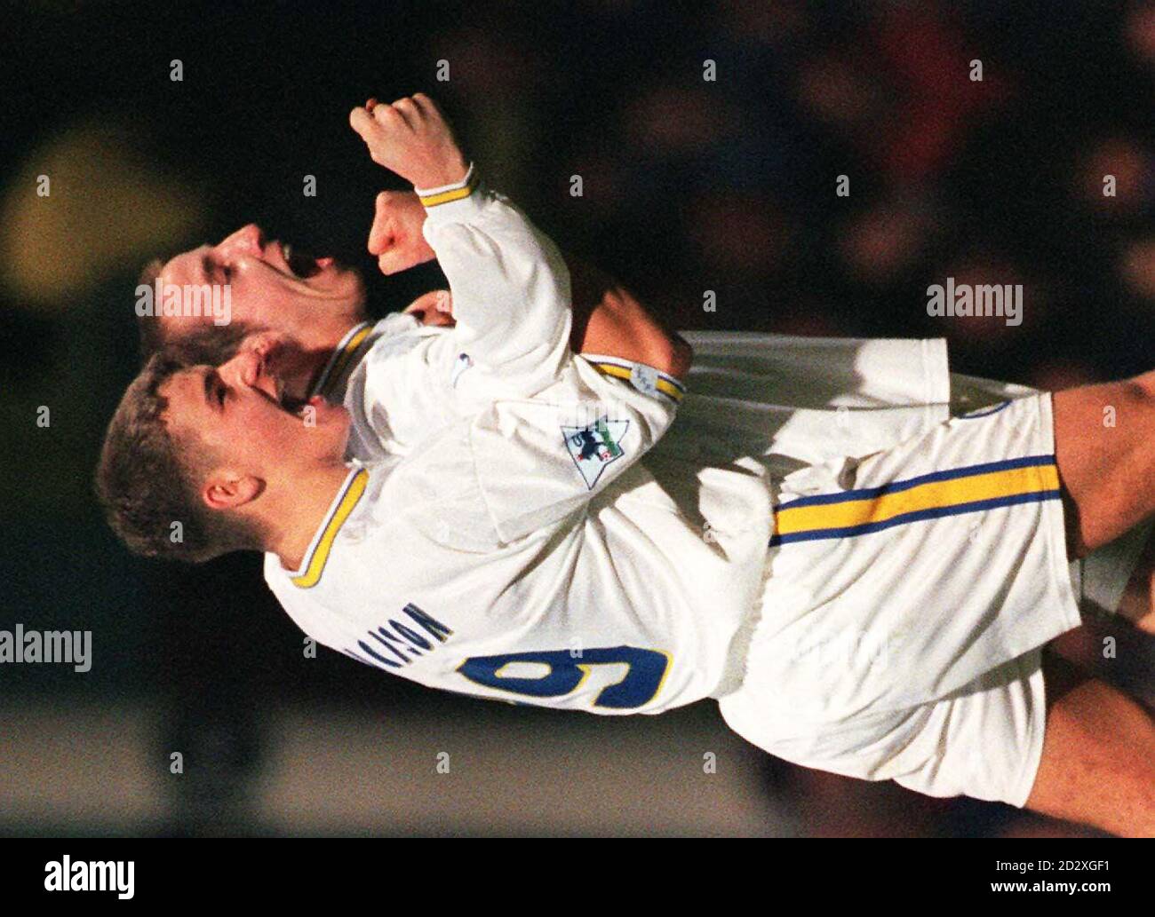 Leeds United's Lee Bowyer (right) celebrates scoring his sides second goal with Mark Jackson against West Ham United when Leeds traveled to Upton Park for their FA Carling Premiership match tonight (Monday). Photo by Fiona Hanson/PA. Stock Photo