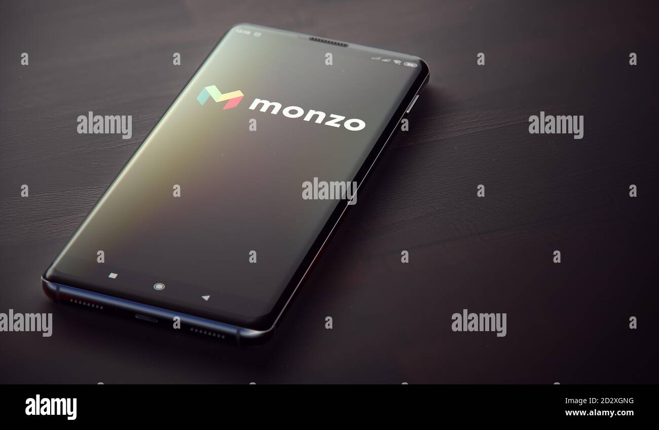 KYIV, UKRAINE-JUNE, 2020: Monzo Mobile Application on the Mobile Phone Screen. Close-up Studio Shot of Smartphone with Monzo Application. Stock Photo