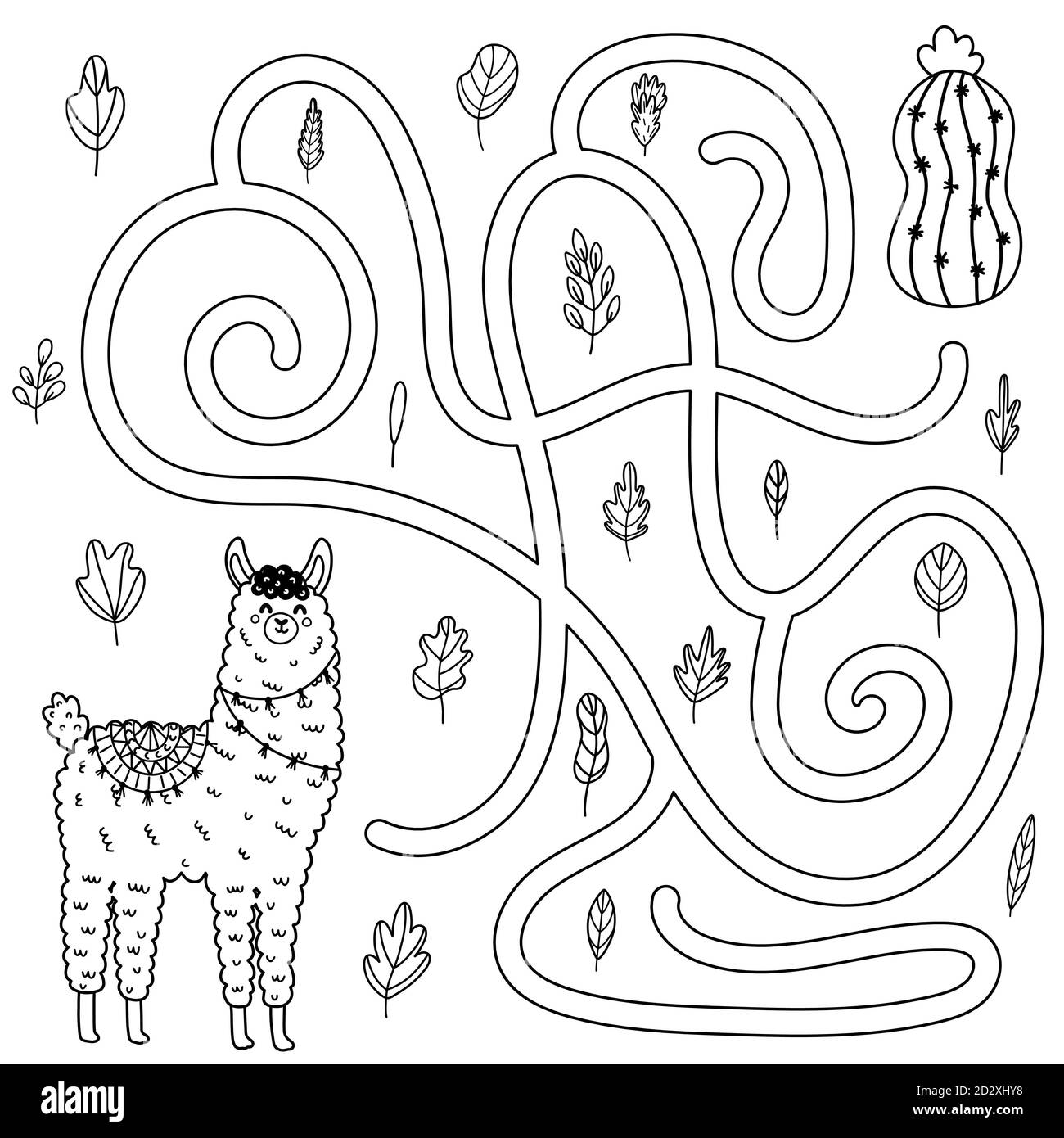 Help the cute llama to get to the cactus. Black and white maze game for kids Stock Vector