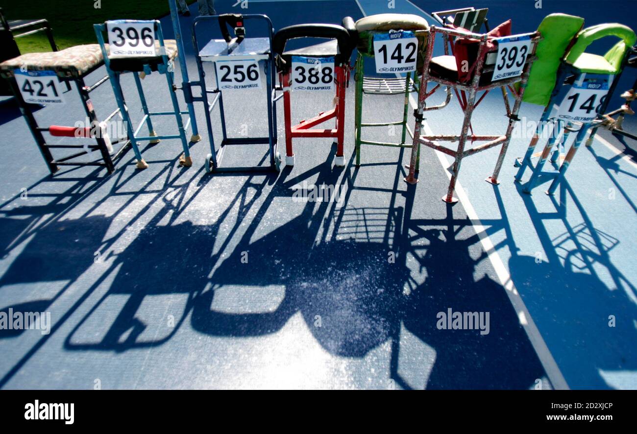 Athletics' chairs of the Shot Put women's F58 are seen during the Parapan American Games in Rio de Janeiro August 15, 2007.  REUTERS/Bruno Domingos (BRAZIL) Stock Photo