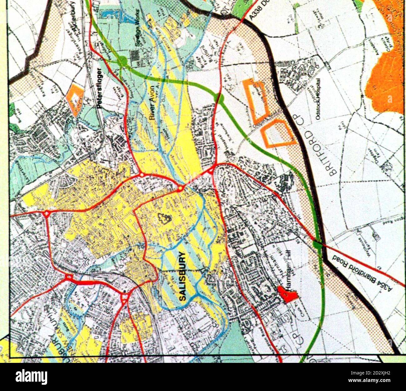 Map of area with green line showing the proposed route of the new by-pass road around Salisbury.They are among over 20 environment and transport groups calling for the controversial  75 million Salisbury by-pass scheme to be scrapped. PA Stock Photo