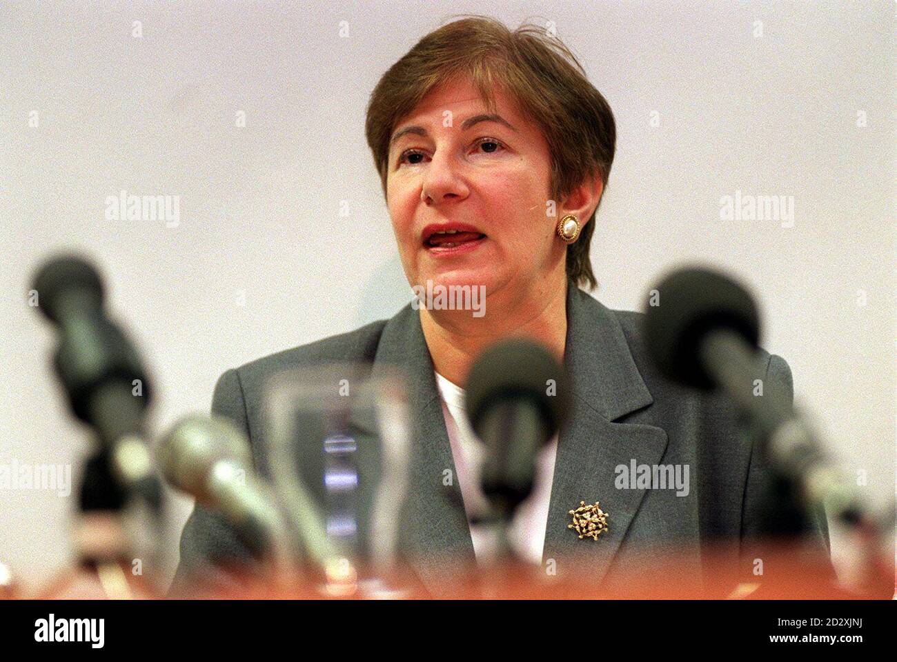 Ruth Deech, chairwoman of the Human Fertilisation and Embrology Authority, announcing the decision to allow widow Diane Blood to try for a baby using her dead husband's frozen sperm, ending a two-year legal battle. Stock Photo