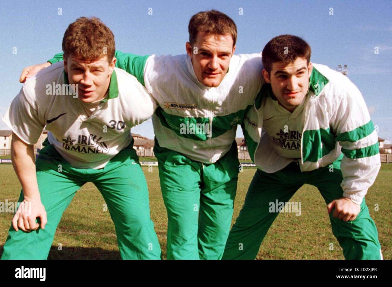 The Irish front row (l/r) Paul Wallace, Ross Nesdale and Paul Flavin, get down to some serious training at Megatland Edinburgh for their match against Scotland tomorrow (Saturday). PA Photos. Stock Photo