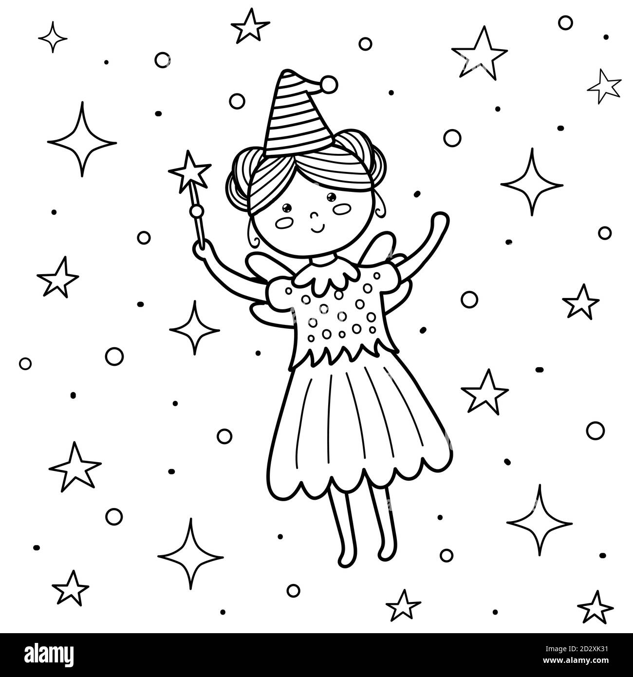 Coloring page for kids with a cute fairy. Flying princess girl with a magic wand Stock Vector