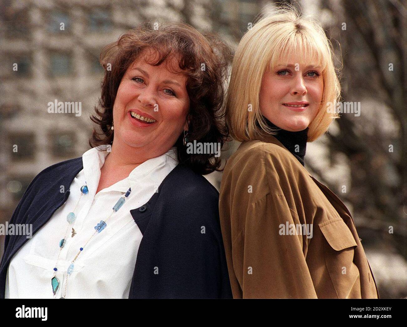 Former Coronation Street star Sarah Lancashire (right) and Pam Ferris, in London today (Thursday), to promote their new parts as district nurses Ruth Goddard and Peggy Snow (resp), in the new ITV drama series WHERE THE HEART IS, which starts on Sunday, April 6, 1997. Photo by David Cheskin. Stock Photo