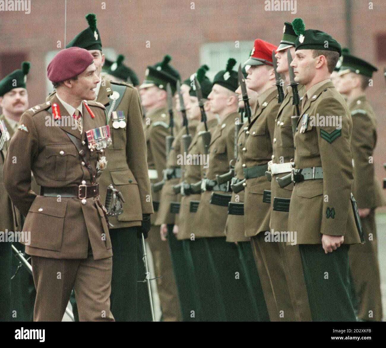 The General Officer Commanding for Northern Ireland, Lt General Sir Rupert Smith, inspects the proud recruits of the Templer Platoon at Ballymena Royal Irish Regiment Depot today (Thursday). Photo by Paul Hamilton. See PA Story ULSTER Soldiers. Stock Photo