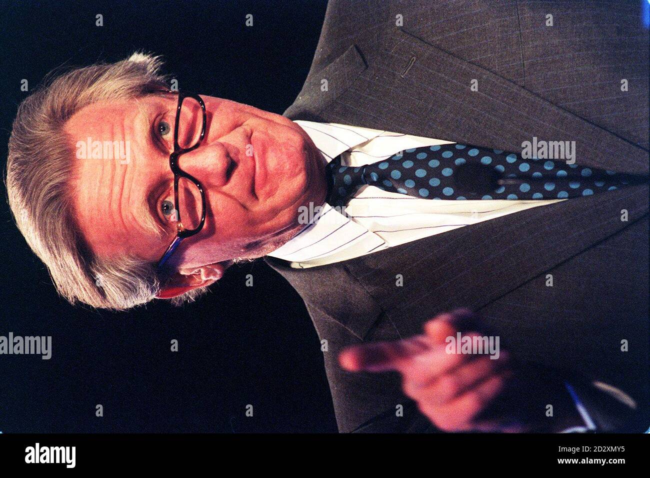 Deputy prime minister Michael Heseltine wags his finger as he launches an attack on Labour leader Tony Blair, claiming he had broken his bond of trust three times in the space of three days, during this morning's (Sat) news conference in London. See PA Story ELECTION Tories. Photo by Neil Munns. Stock Photo